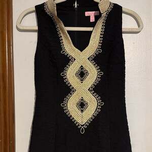 Lilly Pulitzer Alexa Shift Dress Black and Gold Embroidery Onyx Size 4